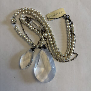 Stephan & Co. Faux Pearl & Chain Clear Crystal Teardrop Pendant Necklace NWT